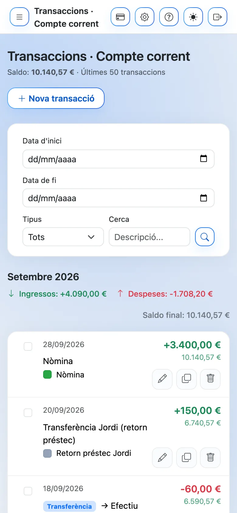 Calers on mobile: transactions