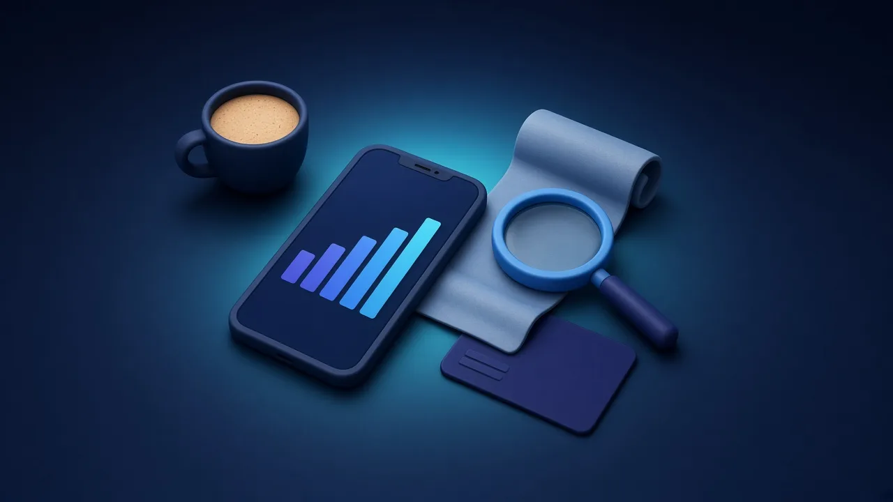 Phone showing a bar chart, a shopping receipt, a card, a magnifying glass and a cup of coffee