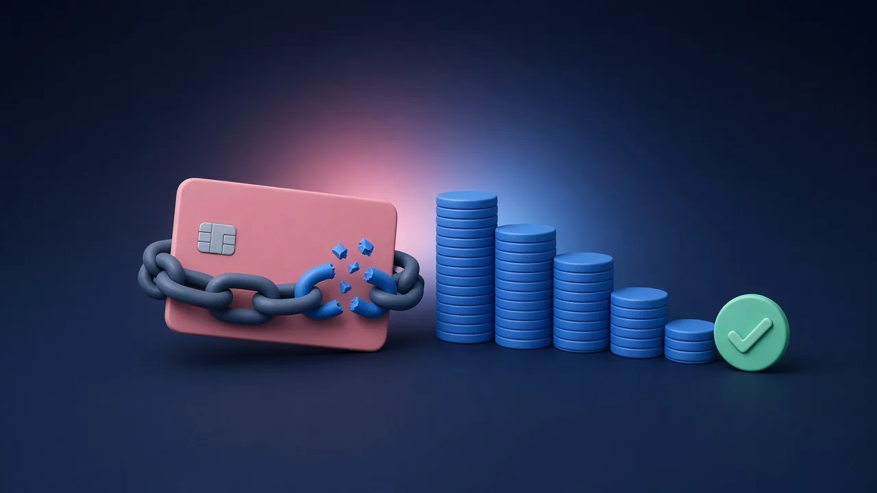 Credit card wrapped in a breaking chain and coin stacks getting lower until they reach a check mark