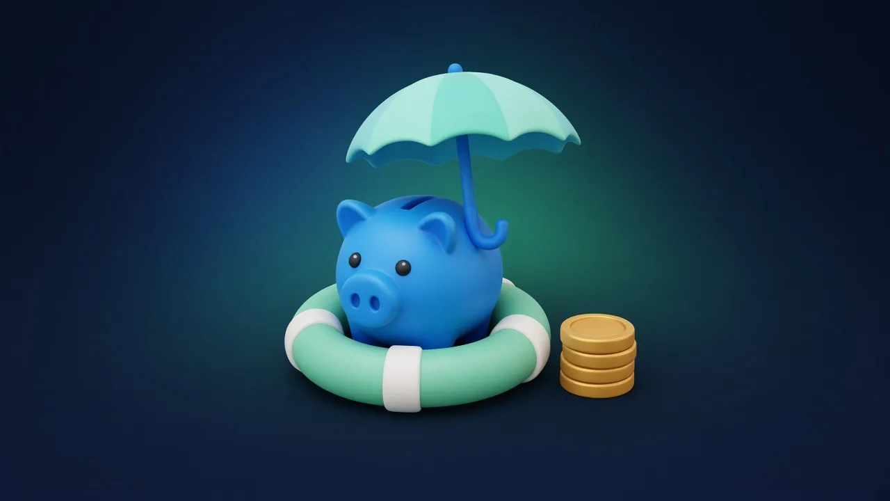 Blue piggy bank inside a life ring, sheltered by an umbrella, next to a stack of coins