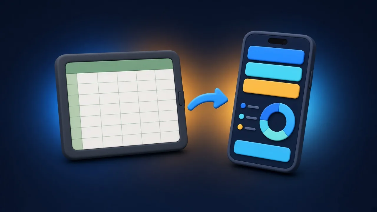 Tablet with an empty spreadsheet and an arrow pointing to a phone with a finance app