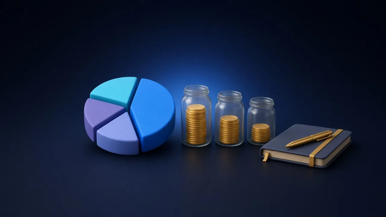 Pie chart split into four parts, three glass jars with coins and a notebook for planning a budget